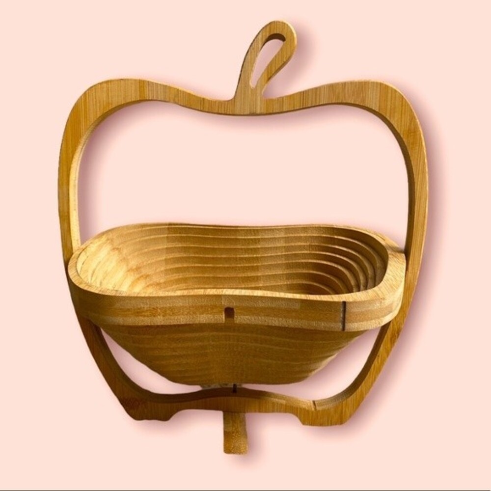 Oh Nuts Apple Bamboo shaped collapsible wooden fruit basket 12x10 new